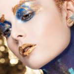 Gold blue makeup body painting by Wesley Hilton makeup close up dripping lips